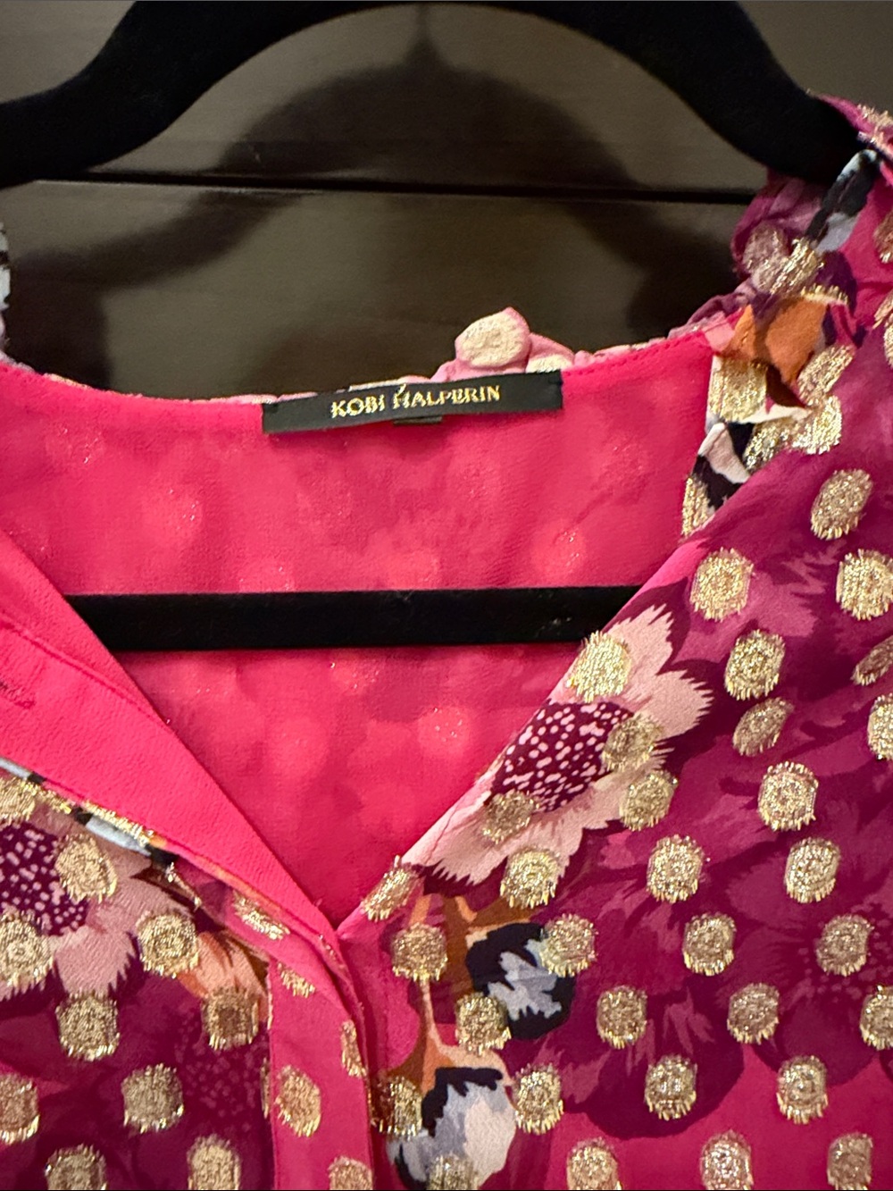 Kobi Halperin Fuchsia Floral & Gold Dot Button-Front Blouse - Picture 3 of 4